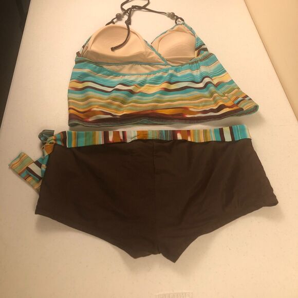 Boho Grunge Sporty Tankini Swimwear 2X Boy Shorts Women 2-Piece Hippie Retro 70s - Picture 2 of 8